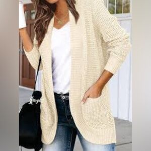 Oversized Soft Chunky Waffle Knit Open Front Cozy Ivory Cardigan MEROKEETY Med